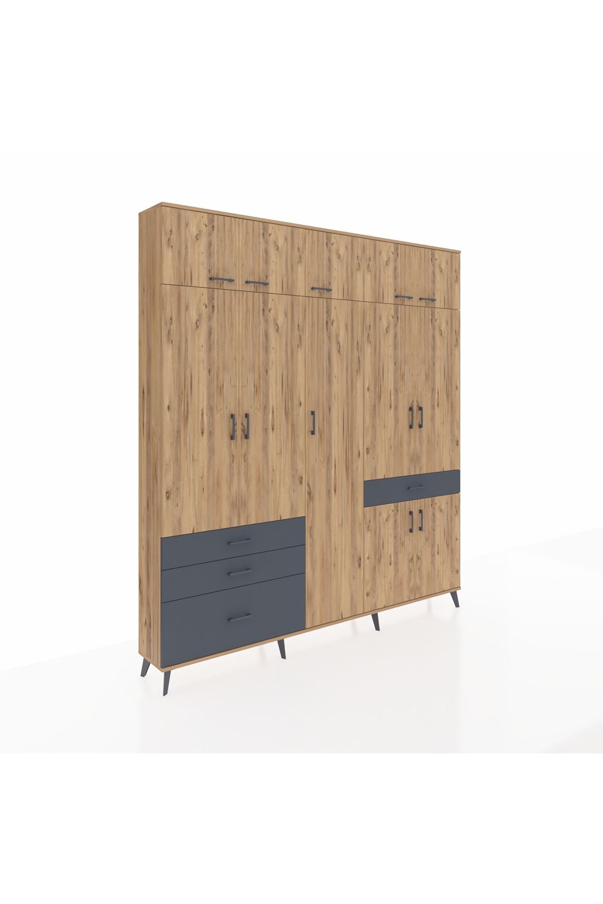 Arges Dolap 11 Raflı 4 Çekmeceli 2 Askılı 220x30x243 Çam-Çam/Antrasit