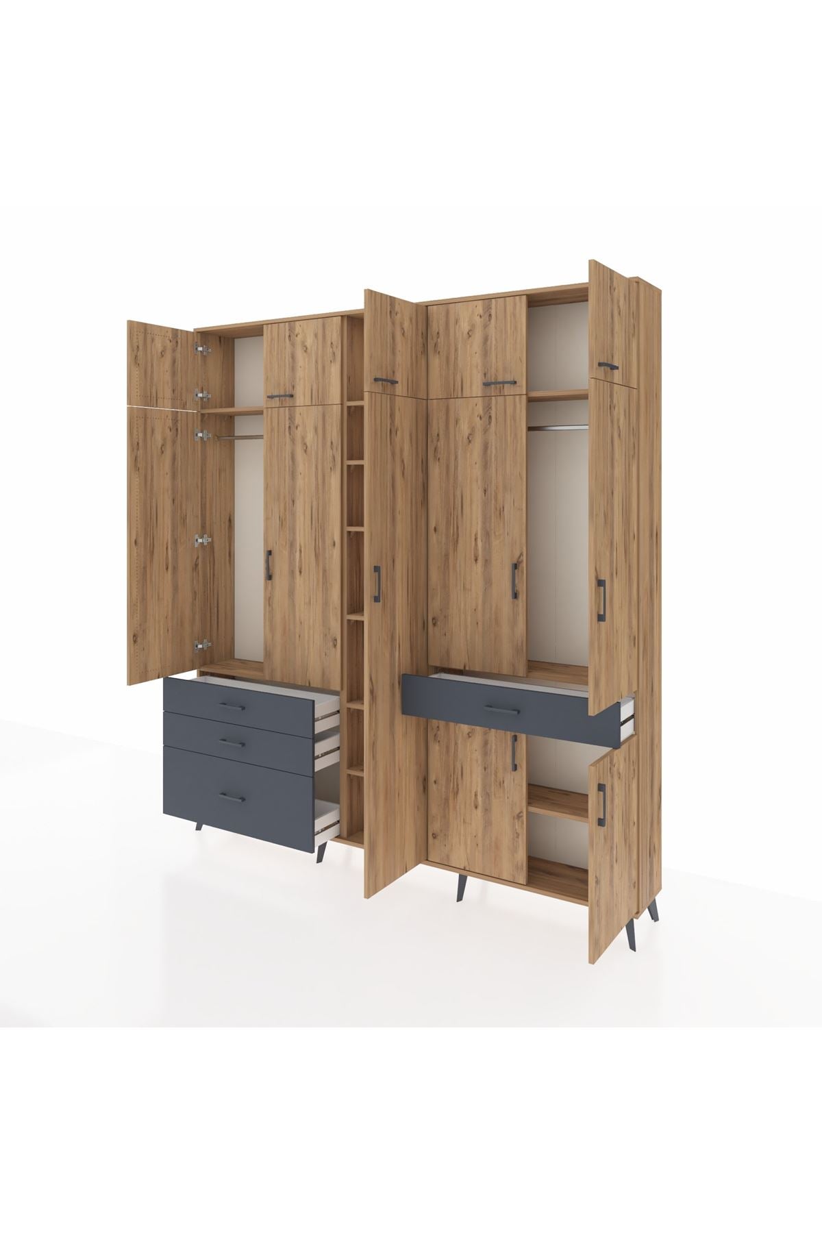 Arges Dolap 11 Raflı 4 Çekmeceli 2 Askılı 220x30x243 Çam-Çam/Antrasit