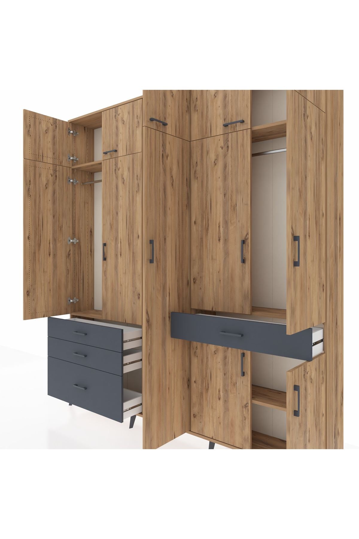 Arges Dolap 11 Raflı 4 Çekmeceli 2 Askılı 220x30x243 Çam-Çam/Antrasit