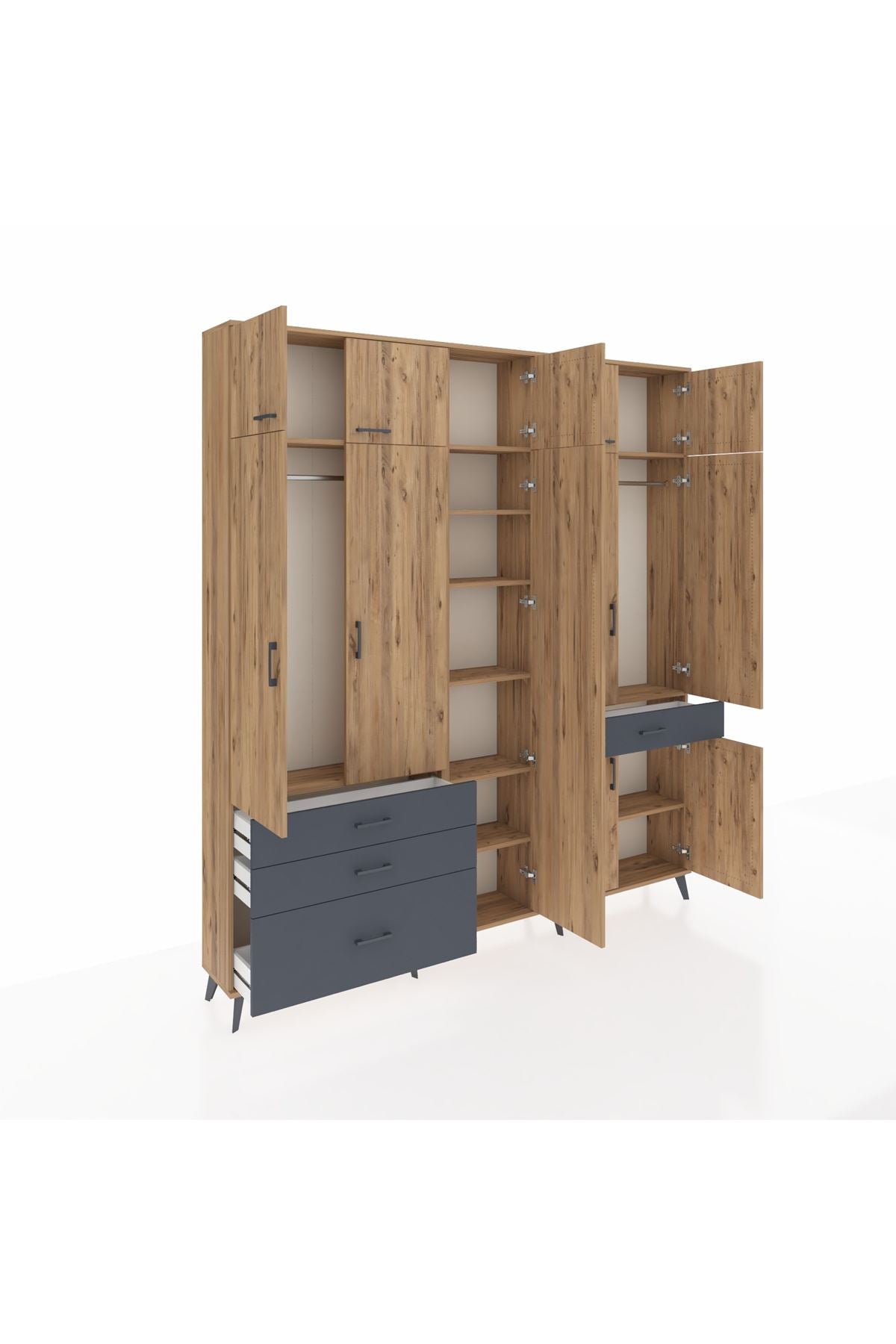 Arges Dolap 11 Raflı 4 Çekmeceli 2 Askılı 220x30x243 Çam-Çam/Antrasit