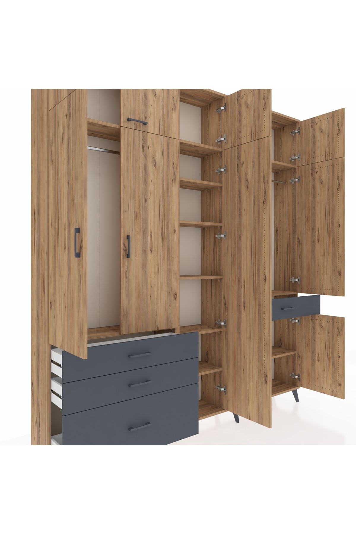 Arges Dolap 11 Raflı 4 Çekmeceli 2 Askılı 220x30x243 Çam-Çam/Antrasit