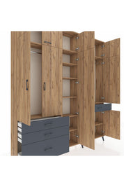 Arges Dolap 11 Raflı 4 Çekmeceli 2 Askılı 220x30x243 Çam-Çam/Antrasit