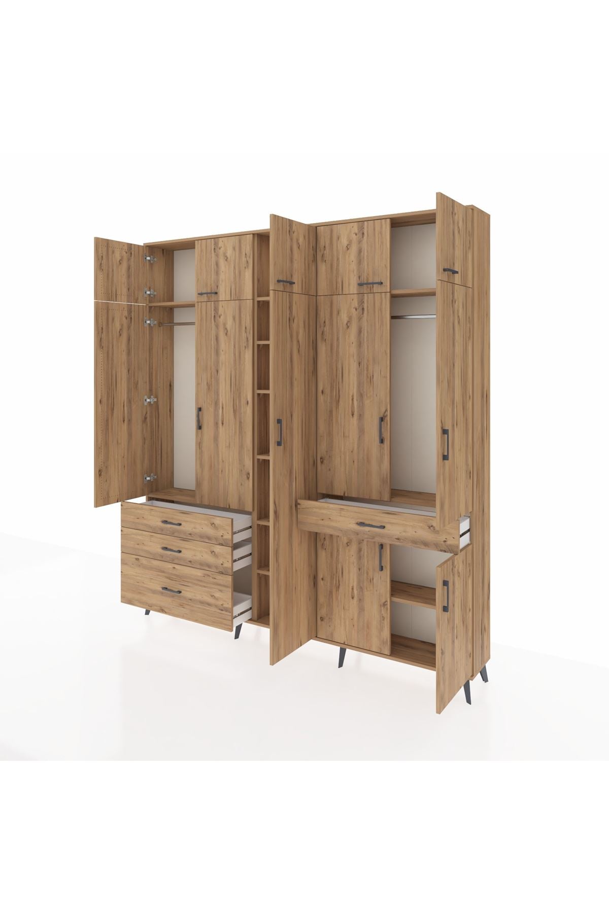 Arges Gardrop 11 Raflı 4 Çekmeceli 2 Askılı 220x30x243 Çam-Çam