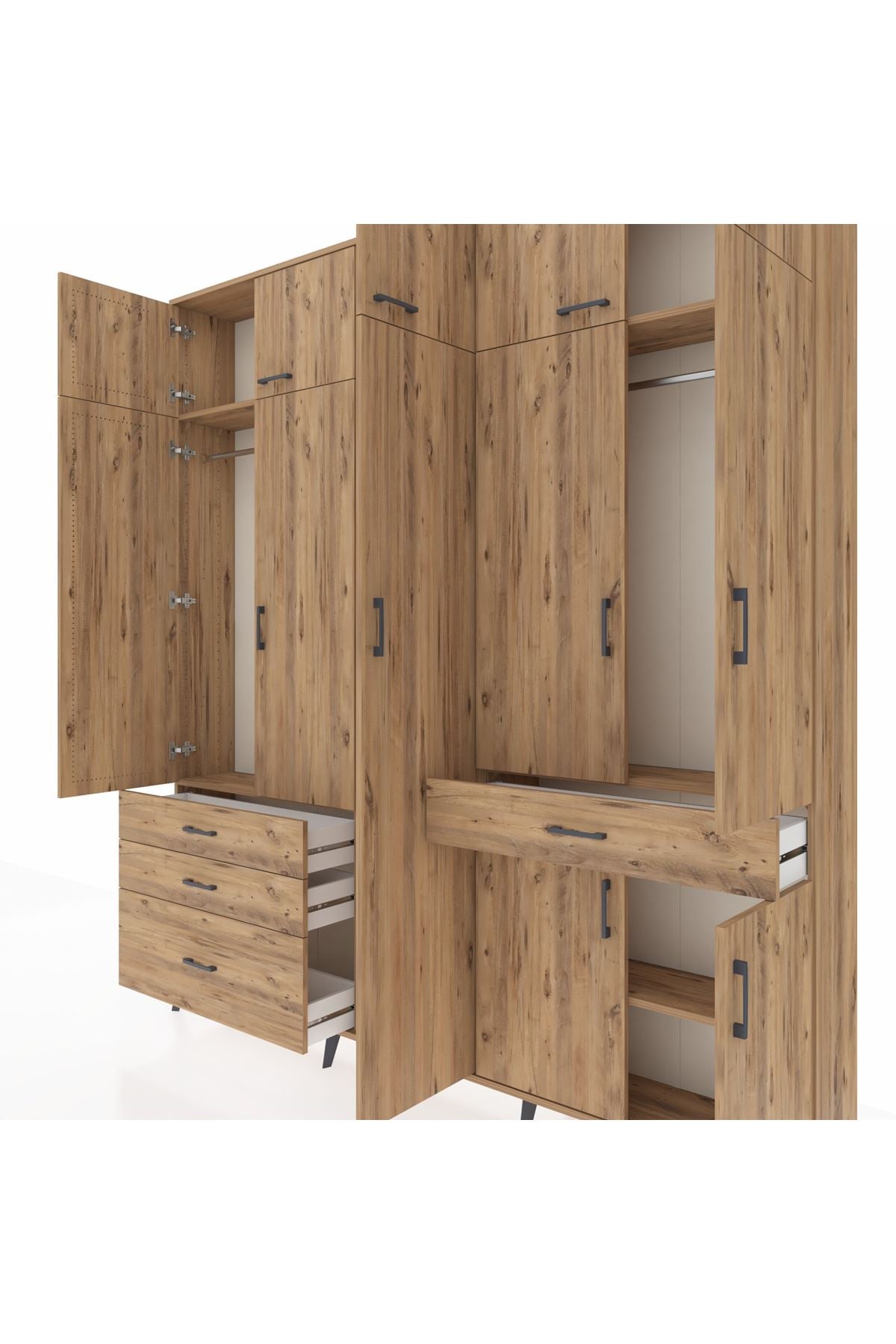 Arges Gardrop 11 Raflı 4 Çekmeceli 2 Askılı 220x30x243 Çam-Çam