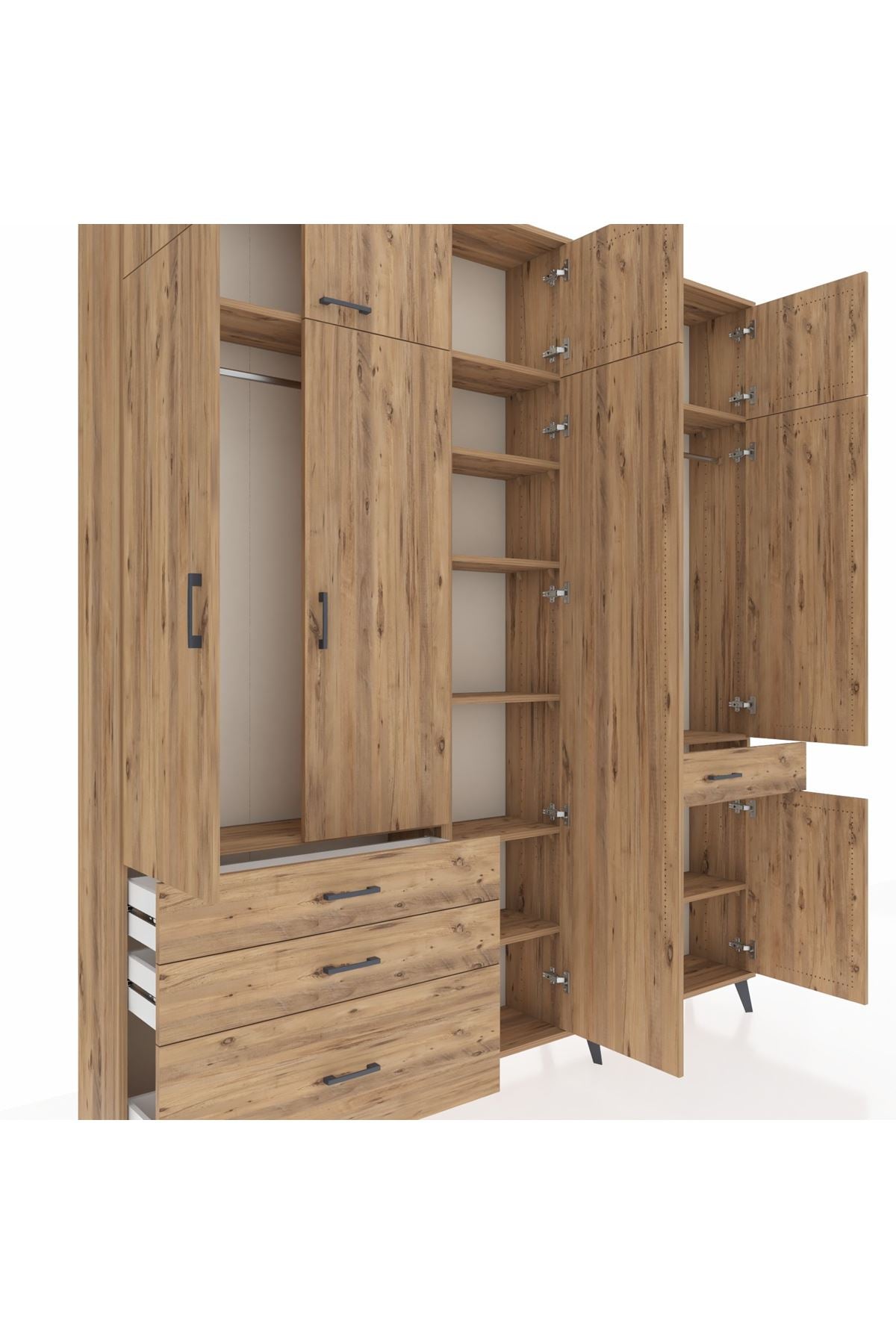 Arges Gardrop 11 Raflı 4 Çekmeceli 2 Askılı 220x30x243 Çam-Çam