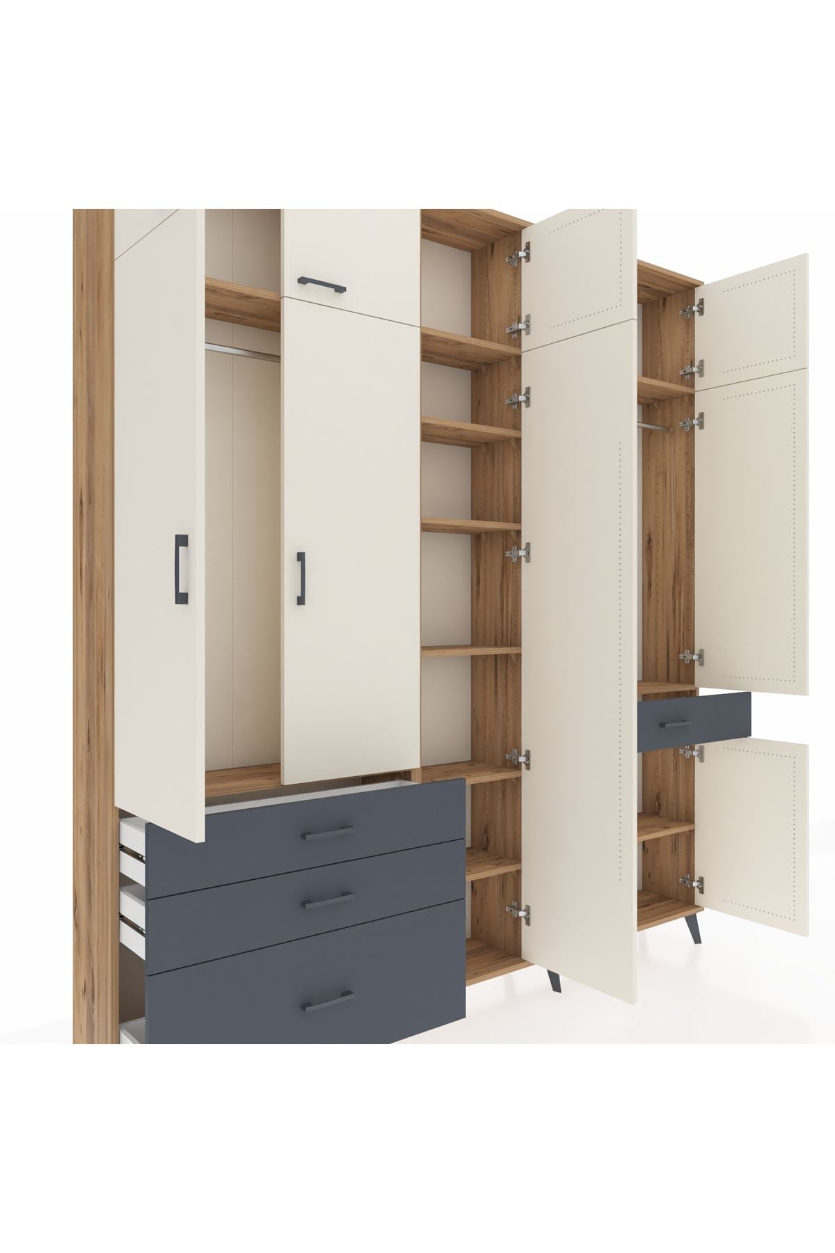 Arges Dolap 11 Raflı 4 Çekmeceli 2 Askılı 220x30x243 Çam-Aytaşı/Antrasit