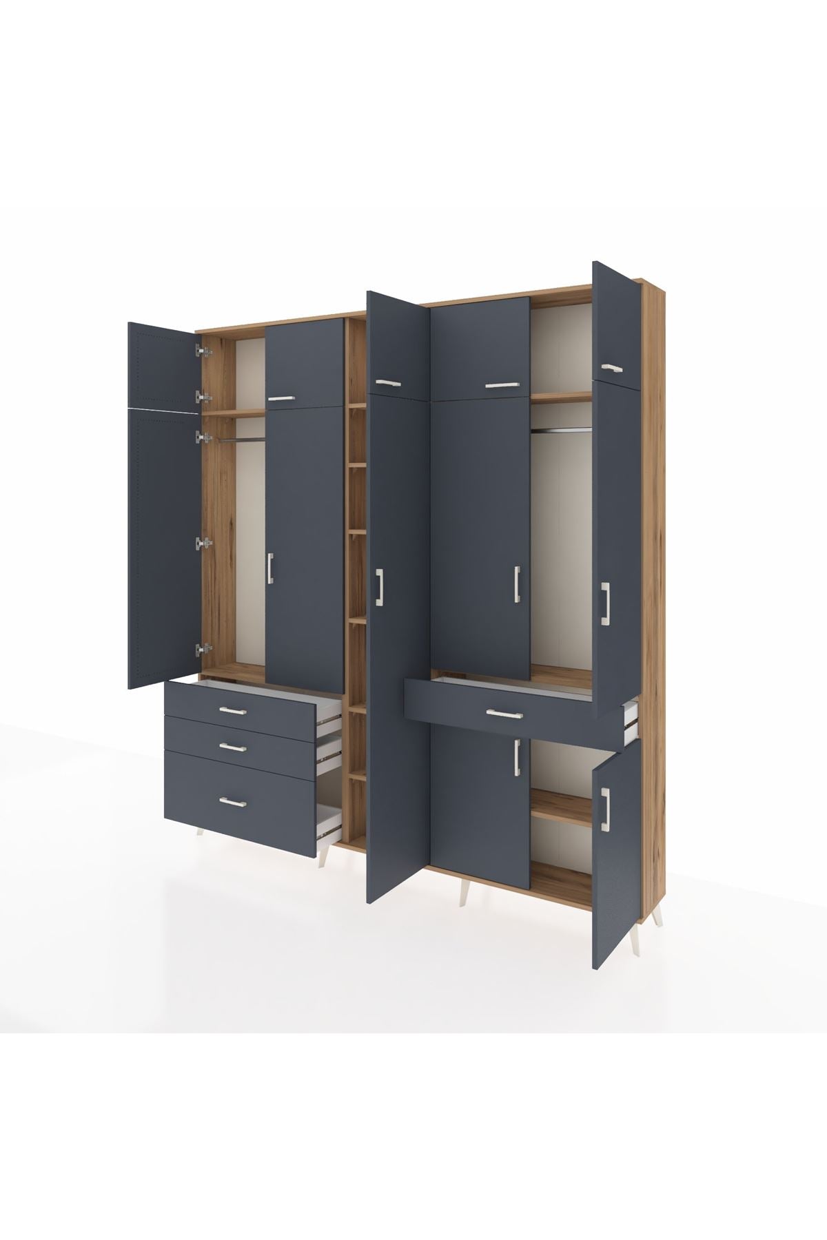 Arges Gardrop 11 Raflı 4 Çekmeceli 2 Askılı 220x30x243 Çam-Antrasit