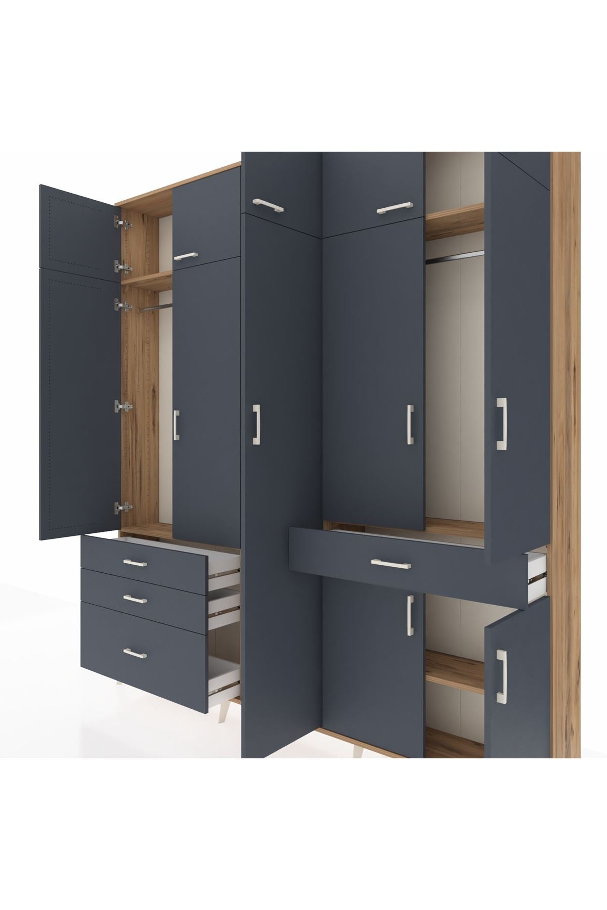 Arges Gardrop 11 Raflı 4 Çekmeceli 2 Askılı 220x30x243 Çam-Antrasit