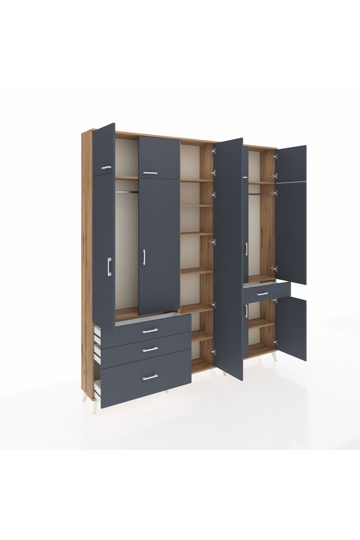 Arges Gardrop 11 Raflı 4 Çekmeceli 2 Askılı 220x30x243 Çam-Antrasit