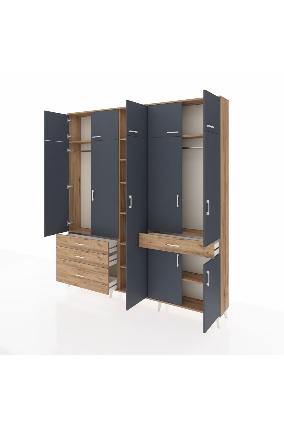 Arges Dolap 11 Raflı 4 Çekmeceli 2 Askılı 220x30x243 Çam-Antrasit/Çam