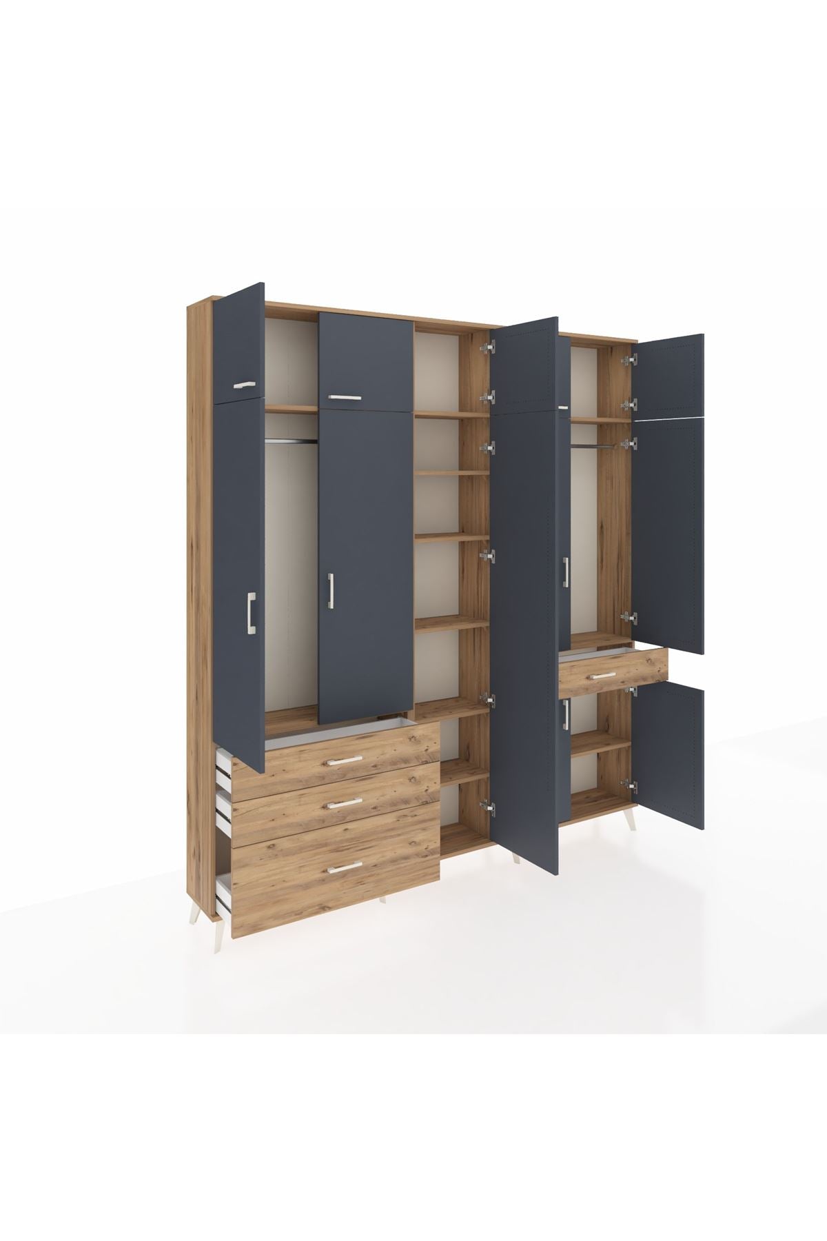 Arges Dolap 11 Raflı 4 Çekmeceli 2 Askılı 220x30x243 Çam-Antrasit/Çam