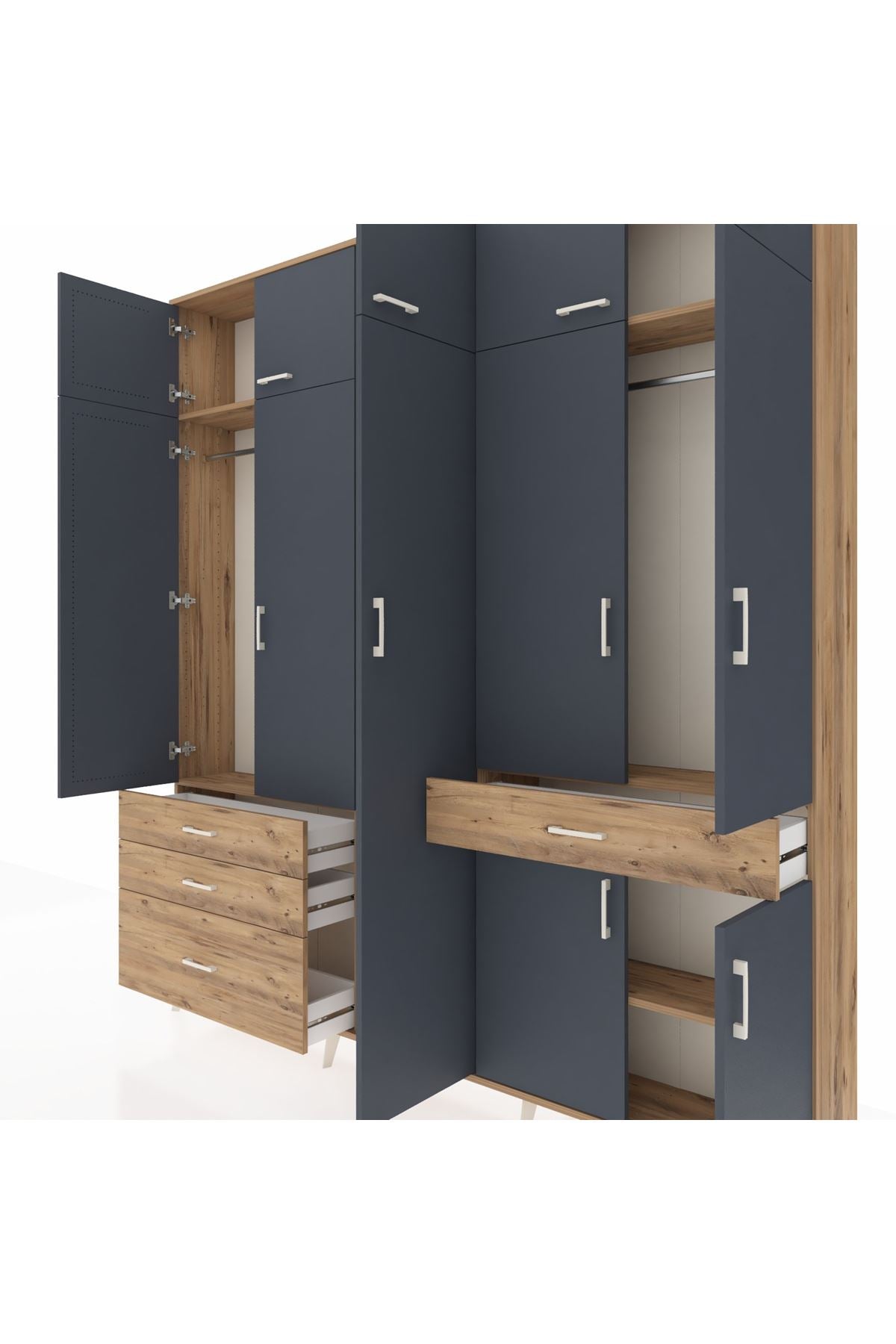 Arges Dolap 11 Raflı 4 Çekmeceli 2 Askılı 220x30x243 Çam-Antrasit/Çam