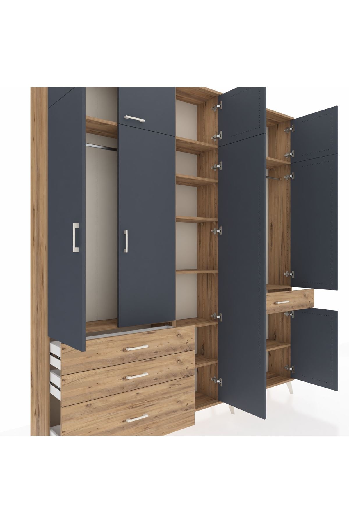 Arges Dolap 11 Raflı 4 Çekmeceli 2 Askılı 220x30x243 Çam-Antrasit/Çam