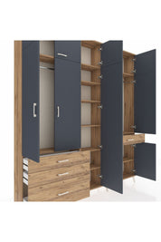 Arges Dolap 11 Raflı 4 Çekmeceli 2 Askılı 220x30x243 Çam-Antrasit/Çam