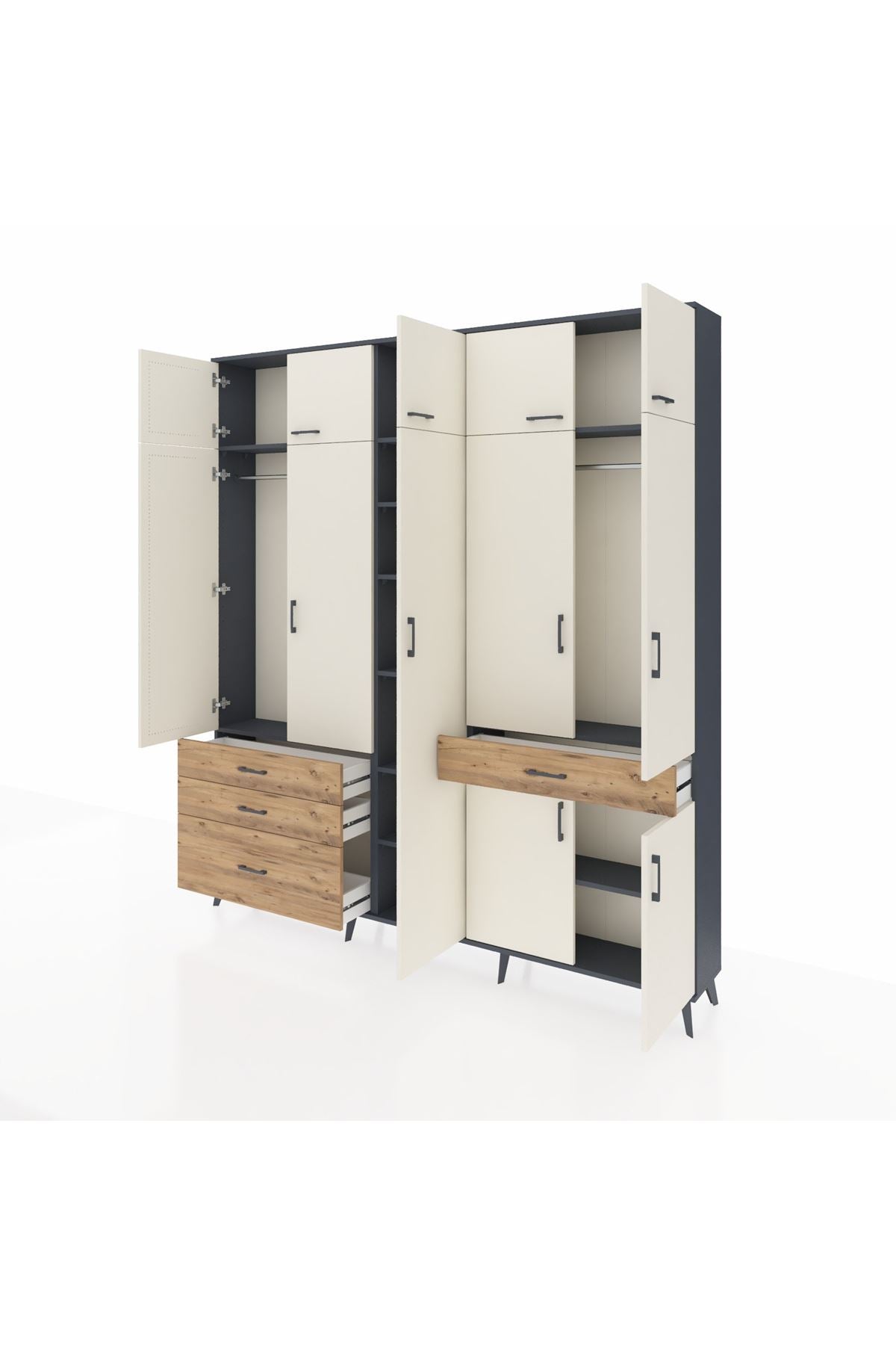 Arges Dolap 11 Raflı 4 Çekmeceli 2 Askılı 220x30x243 Antrasit-Aytaşı/Çam