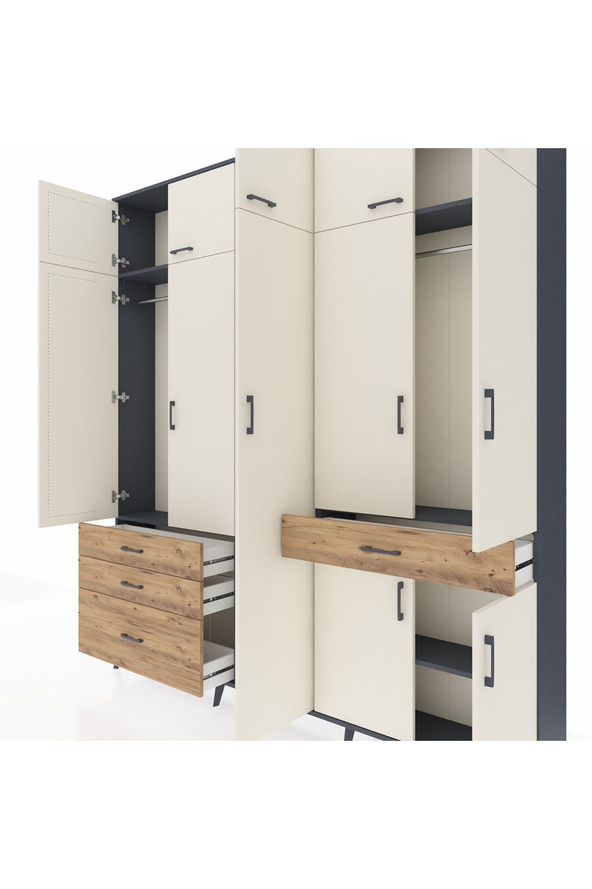 Arges Dolap 11 Raflı 4 Çekmeceli 2 Askılı 220x30x243 Antrasit-Aytaşı/Çam