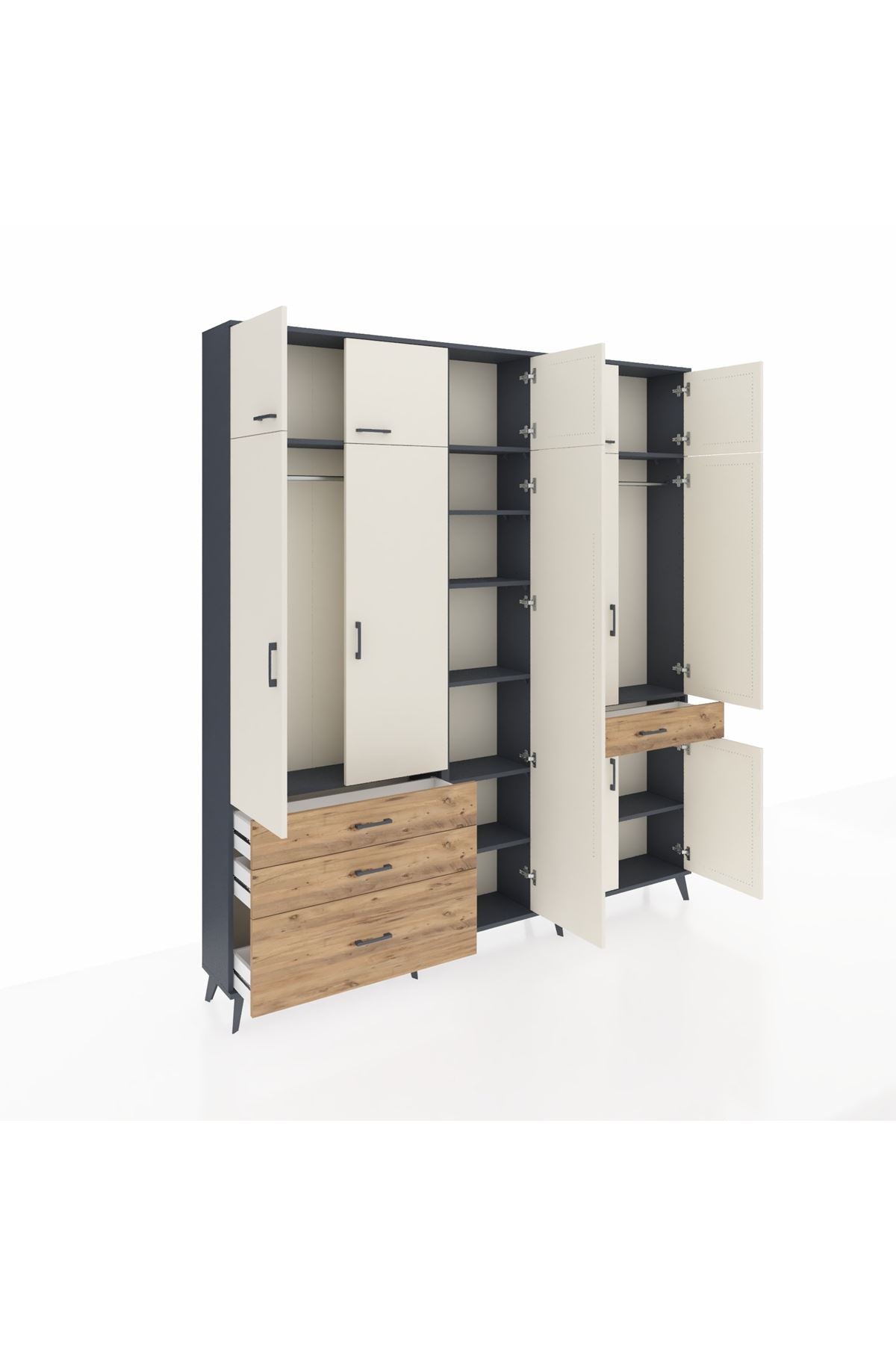 Arges Dolap 11 Raflı 4 Çekmeceli 2 Askılı 220x30x243 Antrasit-Aytaşı/Çam