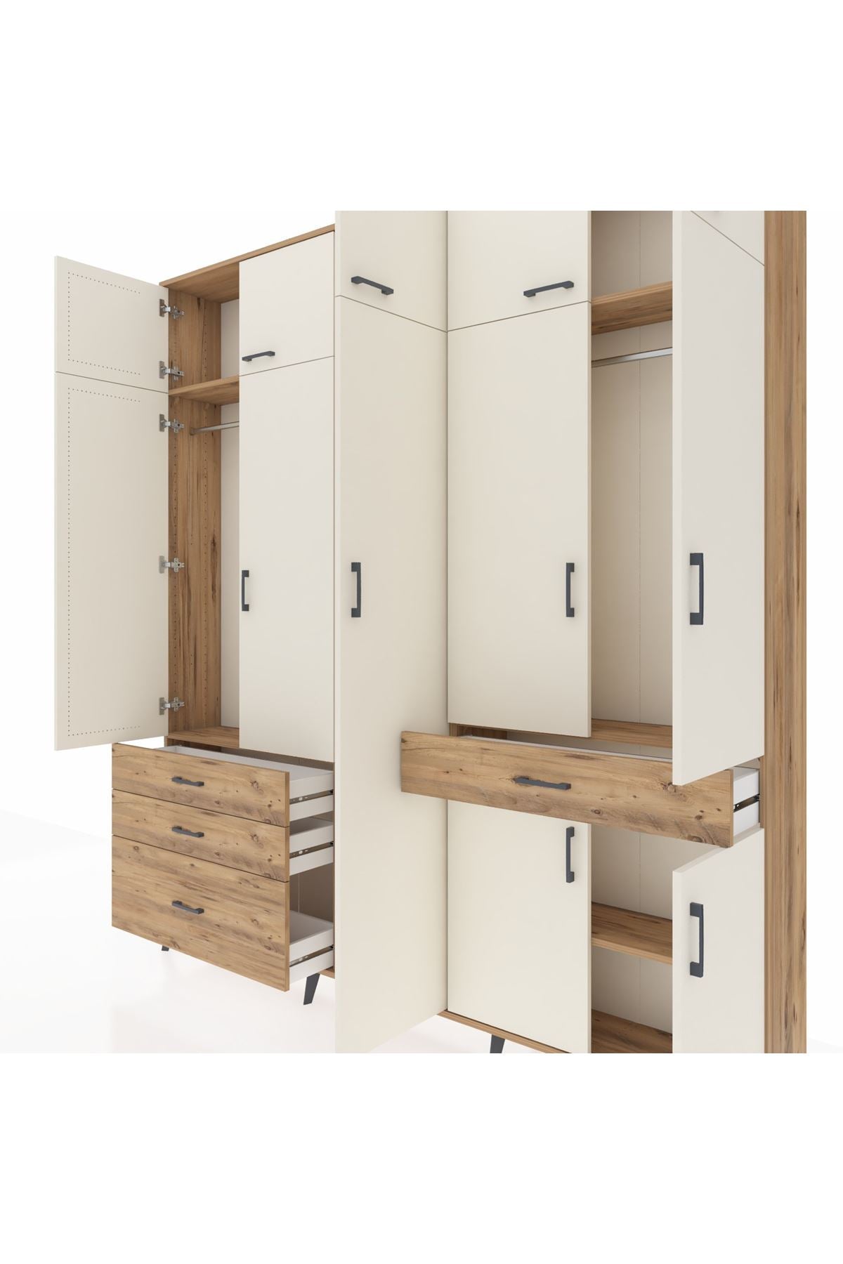 Arges Dolap 11 Raflı 4 Çekmeceli 2 Askılı 220x30x243 Çam-Aytaşı/Çam