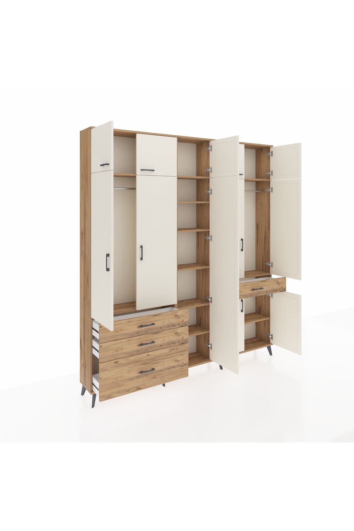 Arges Dolap 11 Raflı 4 Çekmeceli 2 Askılı 220x30x243 Çam-Aytaşı/Çam