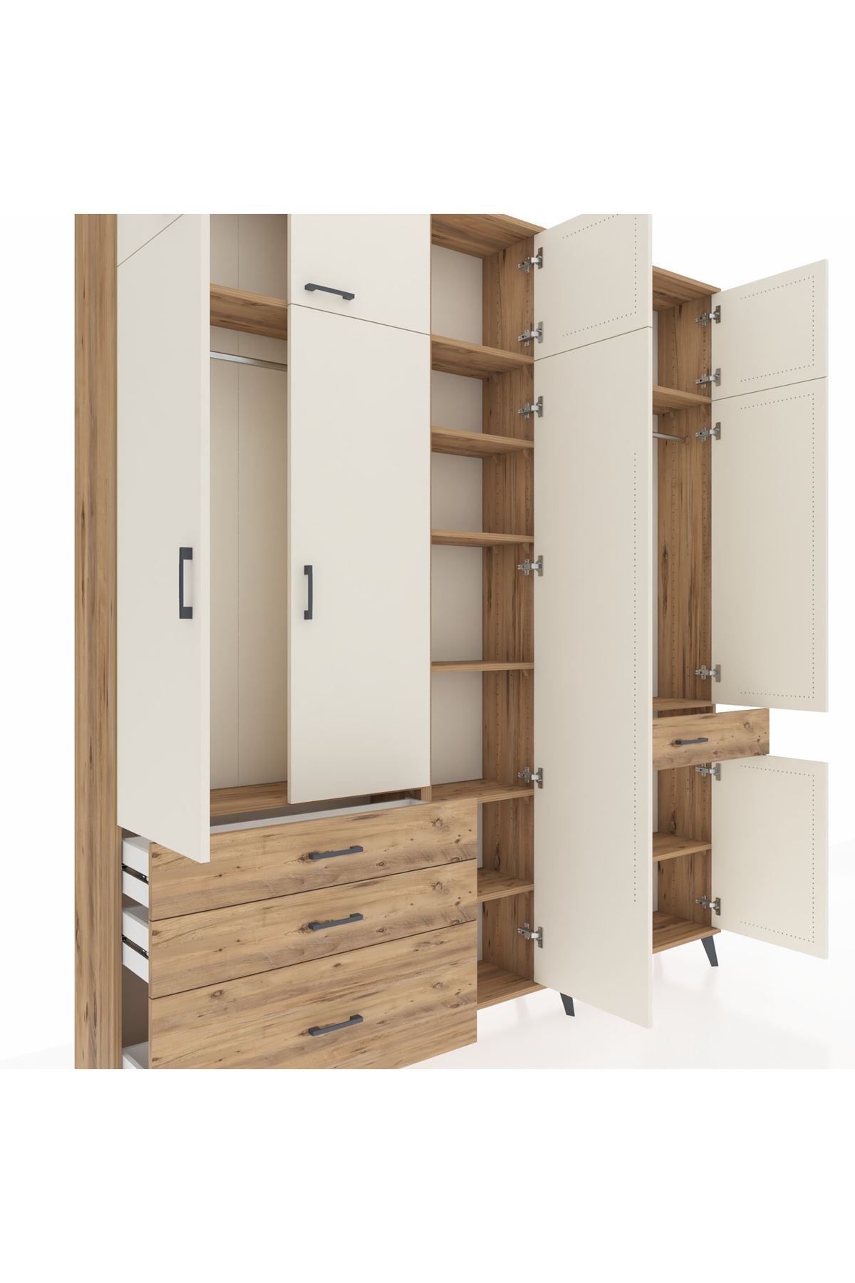 Arges Dolap 11 Raflı 4 Çekmeceli 2 Askılı 220x30x243 Çam-Aytaşı/Çam