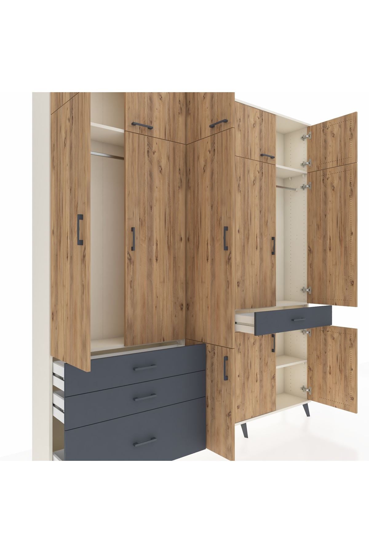 Arges Dolap 8 Raflı 4 Çekmeceli 3 Askılı 220x30x243 Aytaşı-Çam/Antrasit
