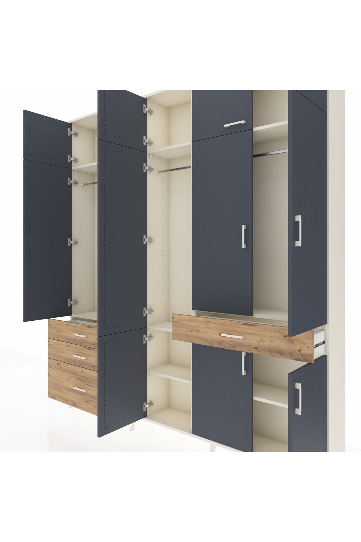 Arges Dolap 8 Raflı 4 Çekmeceli 3 Askılı 220x30x243 Aytaşı-Antrasit/Çam