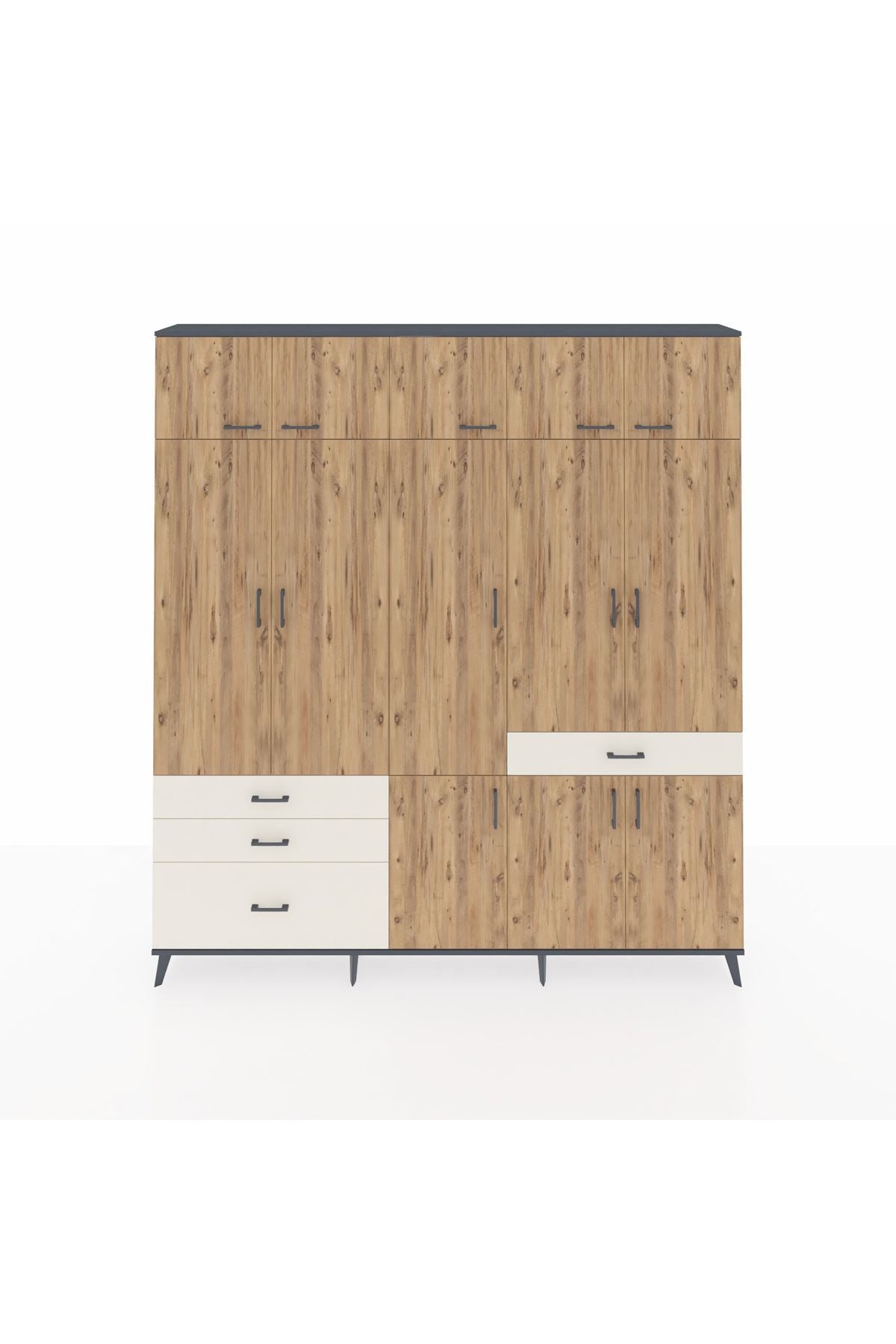 Arges Dolap 8 Raflı 4 Çekmeceli 3 Askılı 220x30x243 Antrasit-Çam/Aytaşı