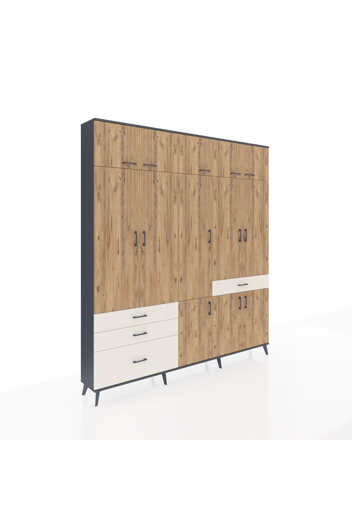 Arges Dolap 8 Raflı 4 Çekmeceli 3 Askılı 220x30x243 Antrasit-Çam/Aytaşı