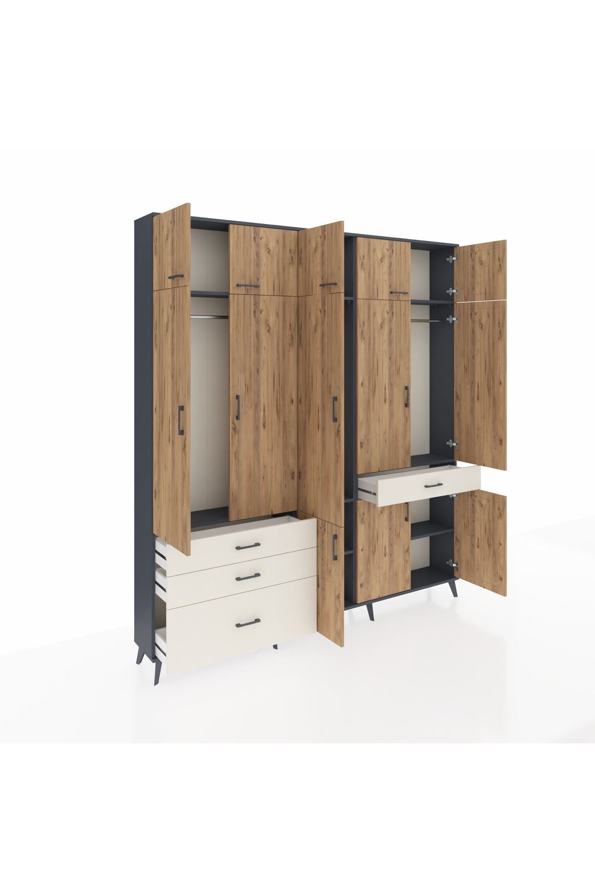 Arges Dolap 8 Raflı 4 Çekmeceli 3 Askılı 220x30x243 Antrasit-Çam/Aytaşı