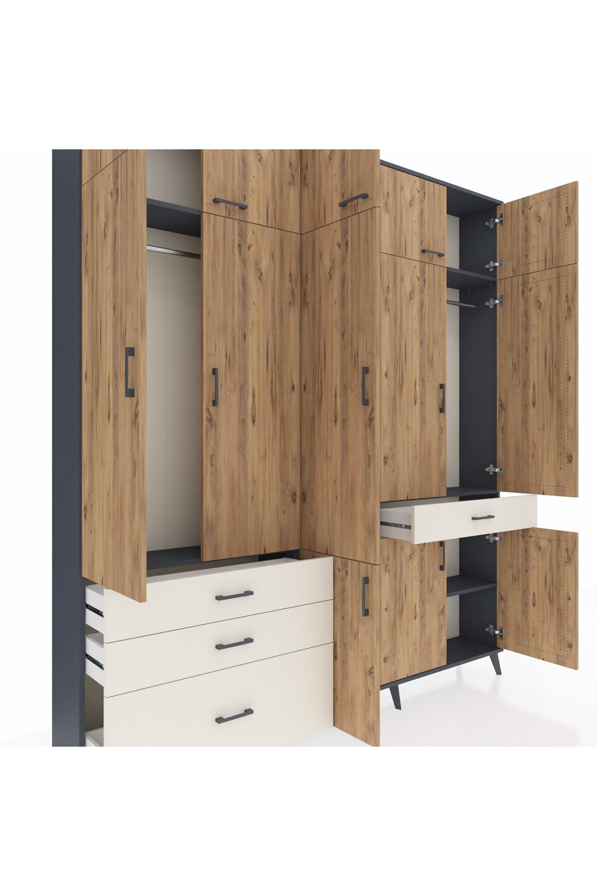 Arges Dolap 8 Raflı 4 Çekmeceli 3 Askılı 220x30x243 Antrasit-Çam/Aytaşı