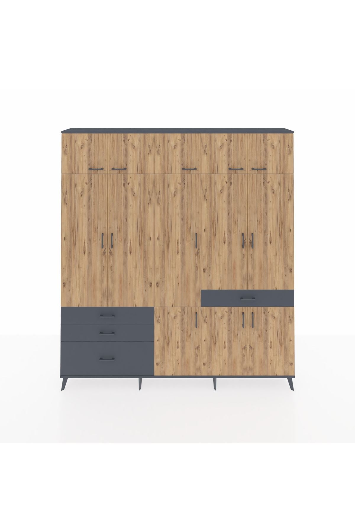 Arges Dolap 8 Raflı 4 Çekmeceli 3 Askılı 220x30x243 Antrasit-Çam/Antrasit