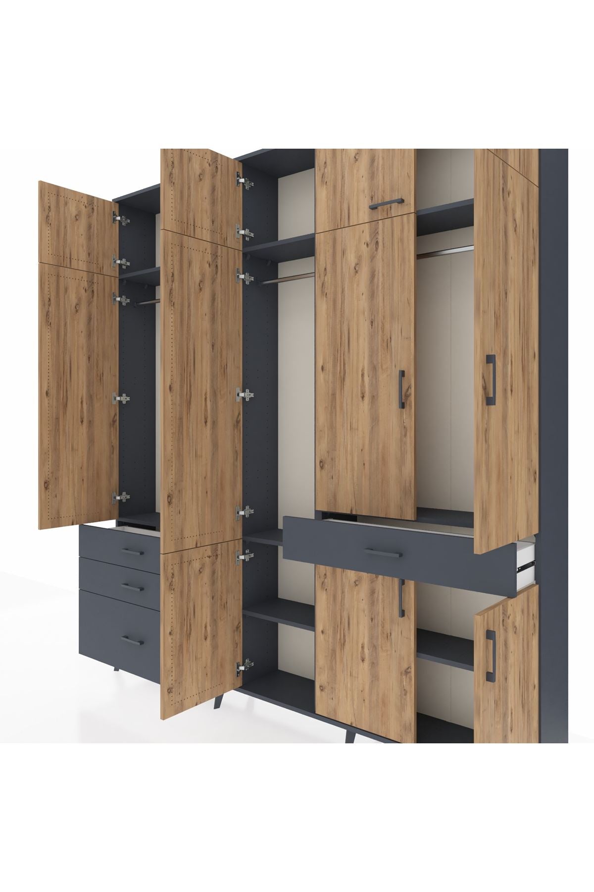 Arges Dolap 8 Raflı 4 Çekmeceli 3 Askılı 220x30x243 Antrasit-Çam/Antrasit