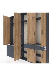 Arges Dolap 8 Raflı 4 Çekmeceli 3 Askılı 220x30x243 Antrasit-Çam/Antrasit