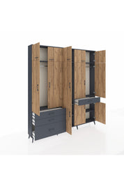 Arges Dolap 8 Raflı 4 Çekmeceli 3 Askılı 220x30x243 Antrasit-Çam/Antrasit