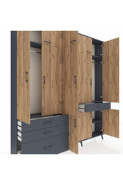 Arges Dolap 8 Raflı 4 Çekmeceli 3 Askılı 220x30x243 Antrasit-Çam/Antrasit