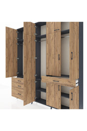 Arges Gardrop 8 Raflı 4 Çekmeceli 3 Askılı 220x30x243 Antrasit-Çam