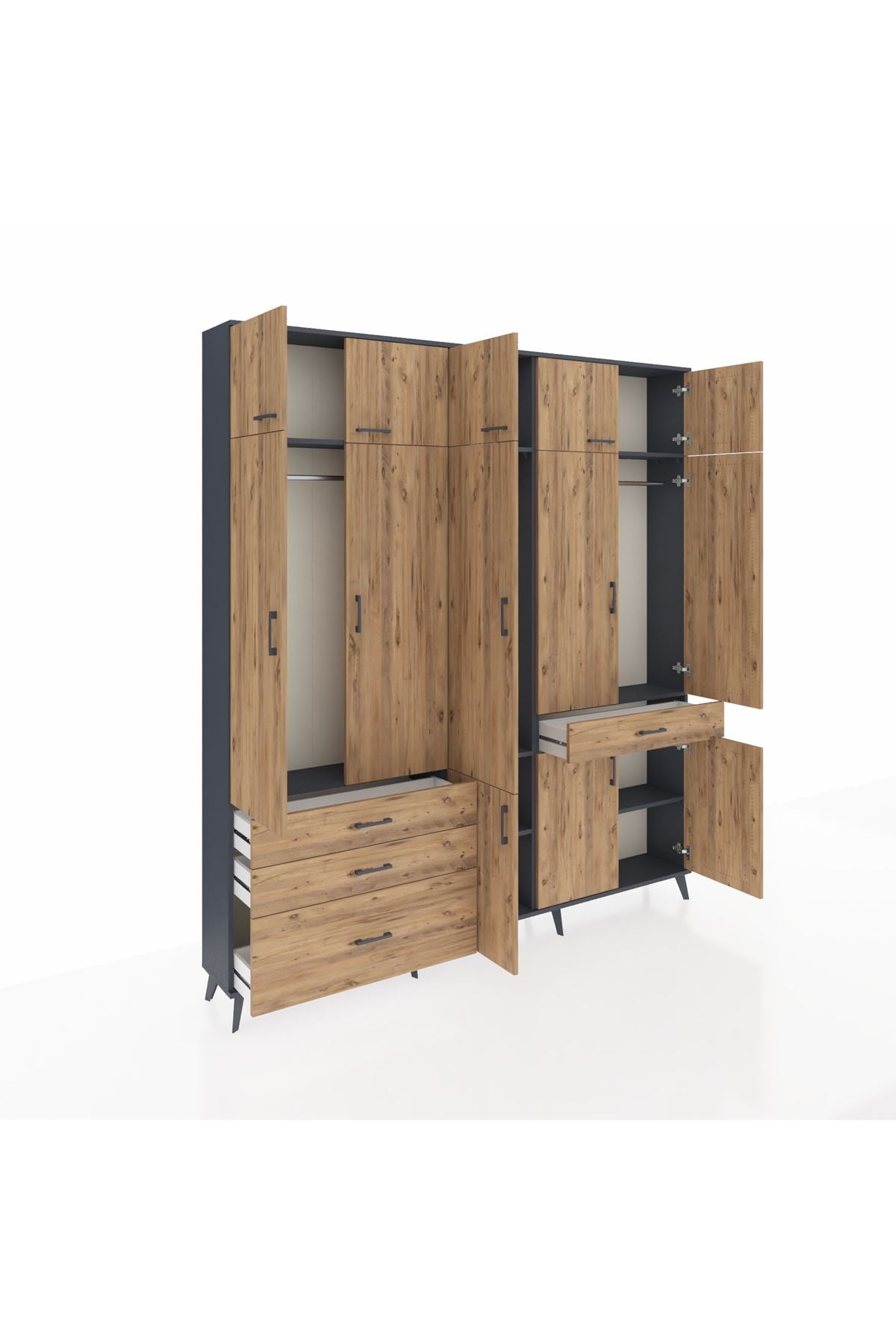 Arges Gardrop 8 Raflı 4 Çekmeceli 3 Askılı 220x30x243 Antrasit-Çam