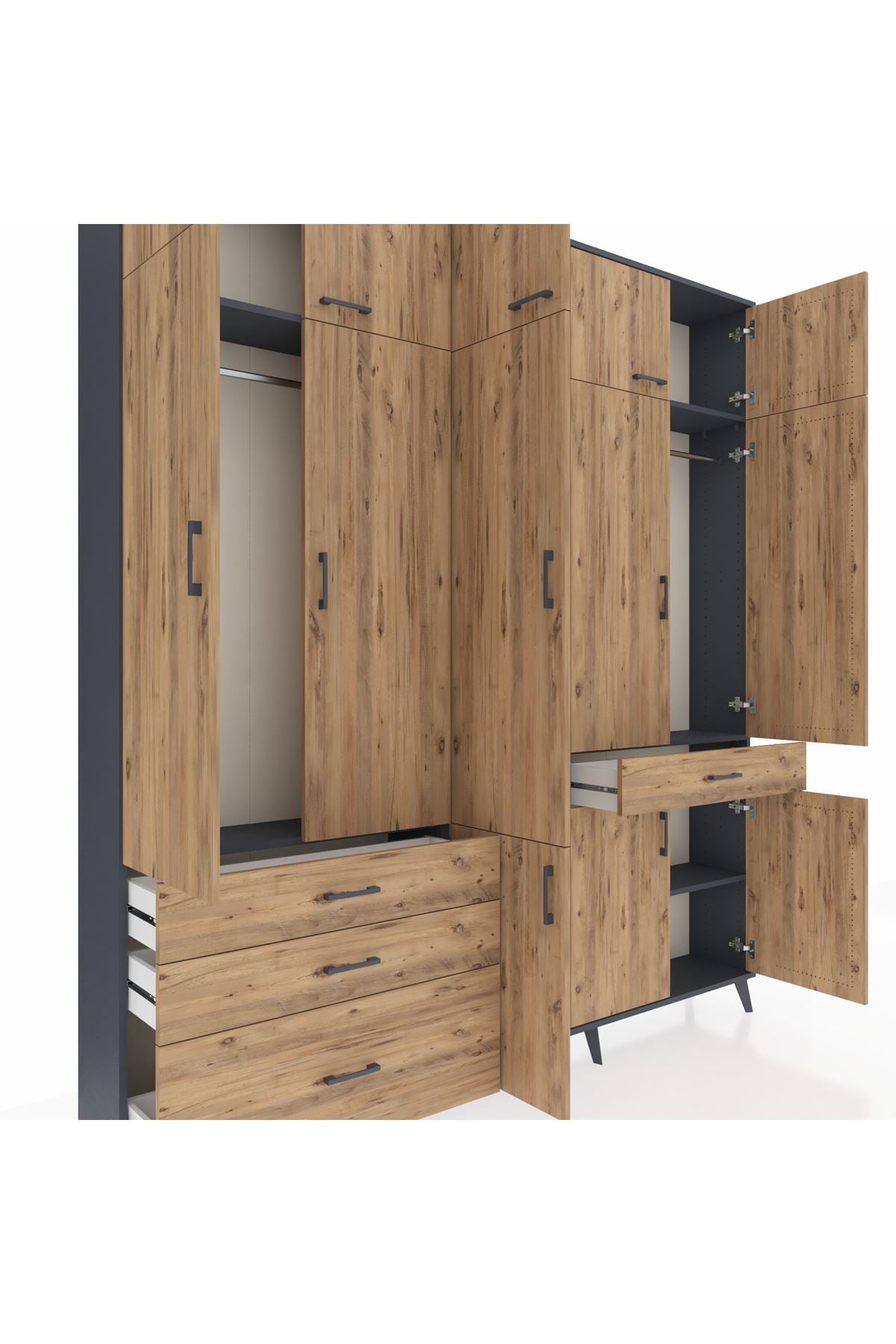 Arges Gardrop 8 Raflı 4 Çekmeceli 3 Askılı 220x30x243 Antrasit-Çam