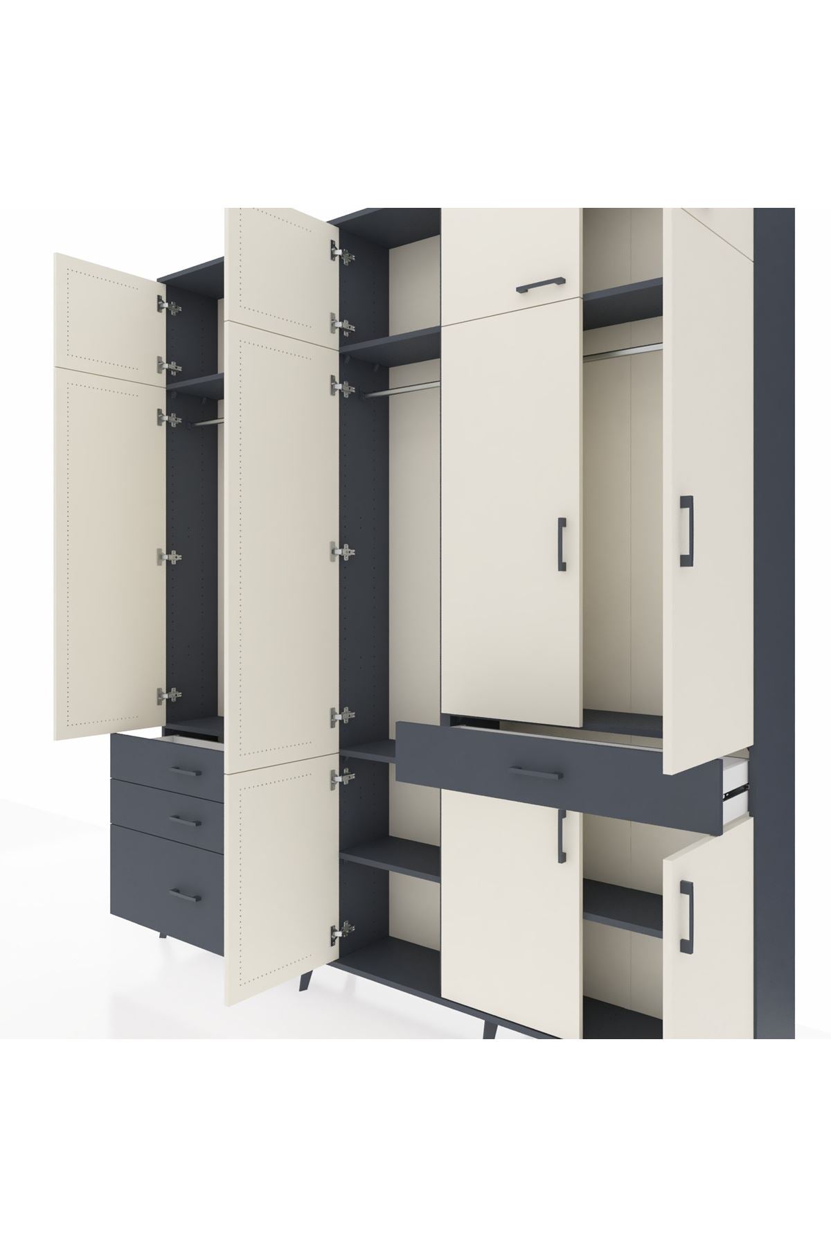 Arges Dolap 8 Raflı 4 Çekmeceli 3 Askılı 220x30x243 Antrasit-Aytaşı/Antrasit