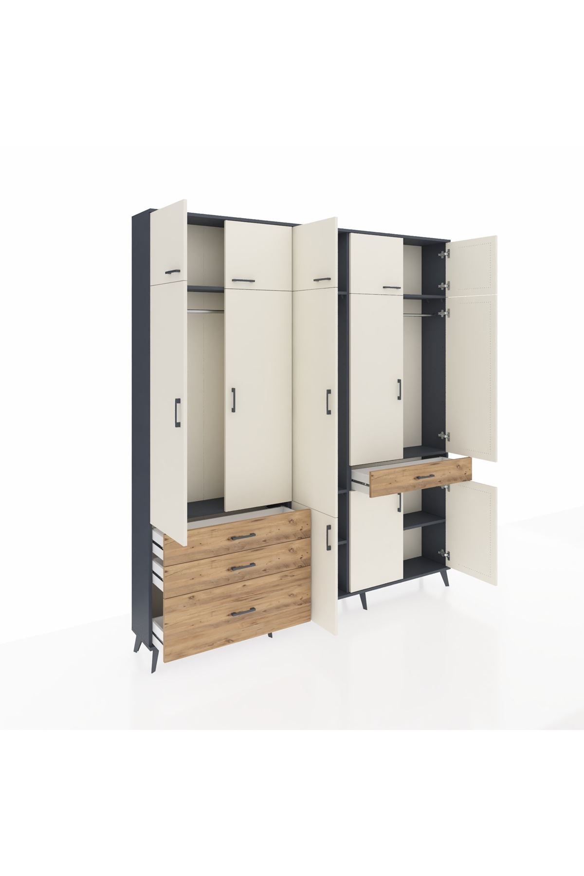 Arges Dolap 8 Raflı 4 Çekmeceli 3 Askılı 220x30x243 Antrasit-Aytaşı/Çam