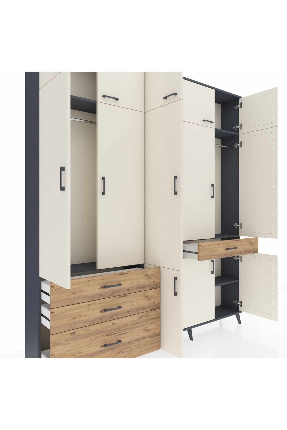 Arges Dolap 8 Raflı 4 Çekmeceli 3 Askılı 220x30x243 Antrasit-Aytaşı/Çam