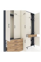 Arges Dolap 8 Raflı 4 Çekmeceli 3 Askılı 220x30x243 Antrasit-Aytaşı/Çam