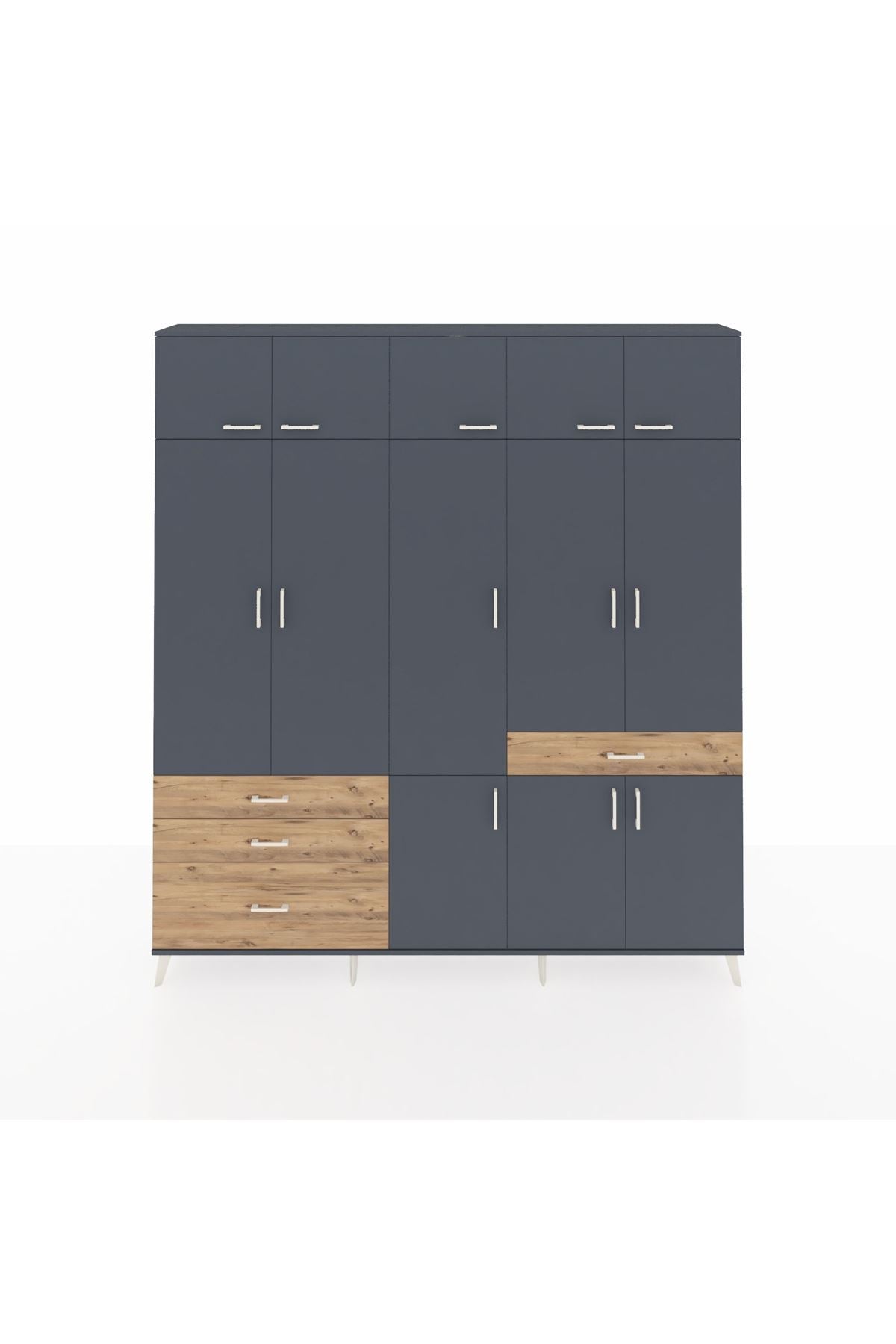 Arges Dolap 8 Raflı 4 Çekmeceli 3 Askılı 220x30x243 Antrasit-Antrasit/Çam