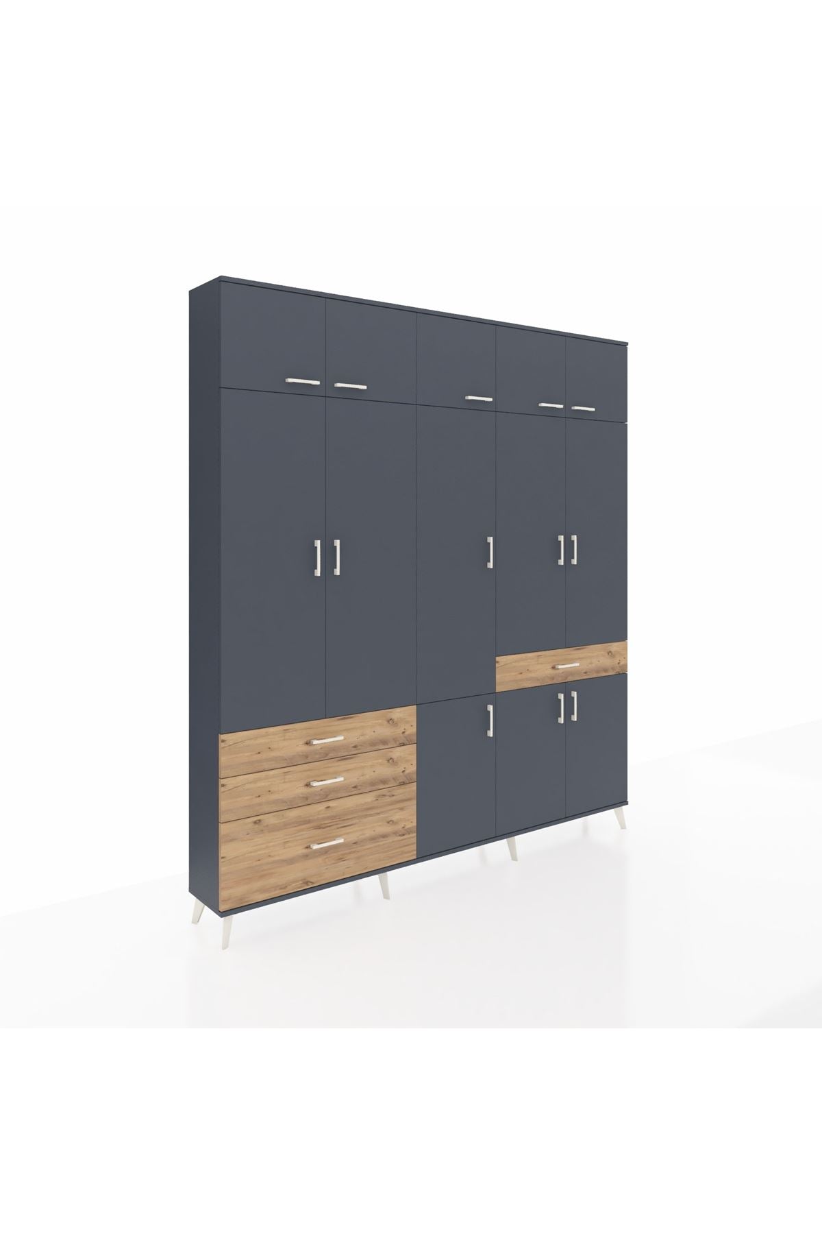 Arges Dolap 8 Raflı 4 Çekmeceli 3 Askılı 220x30x243 Antrasit-Antrasit/Çam