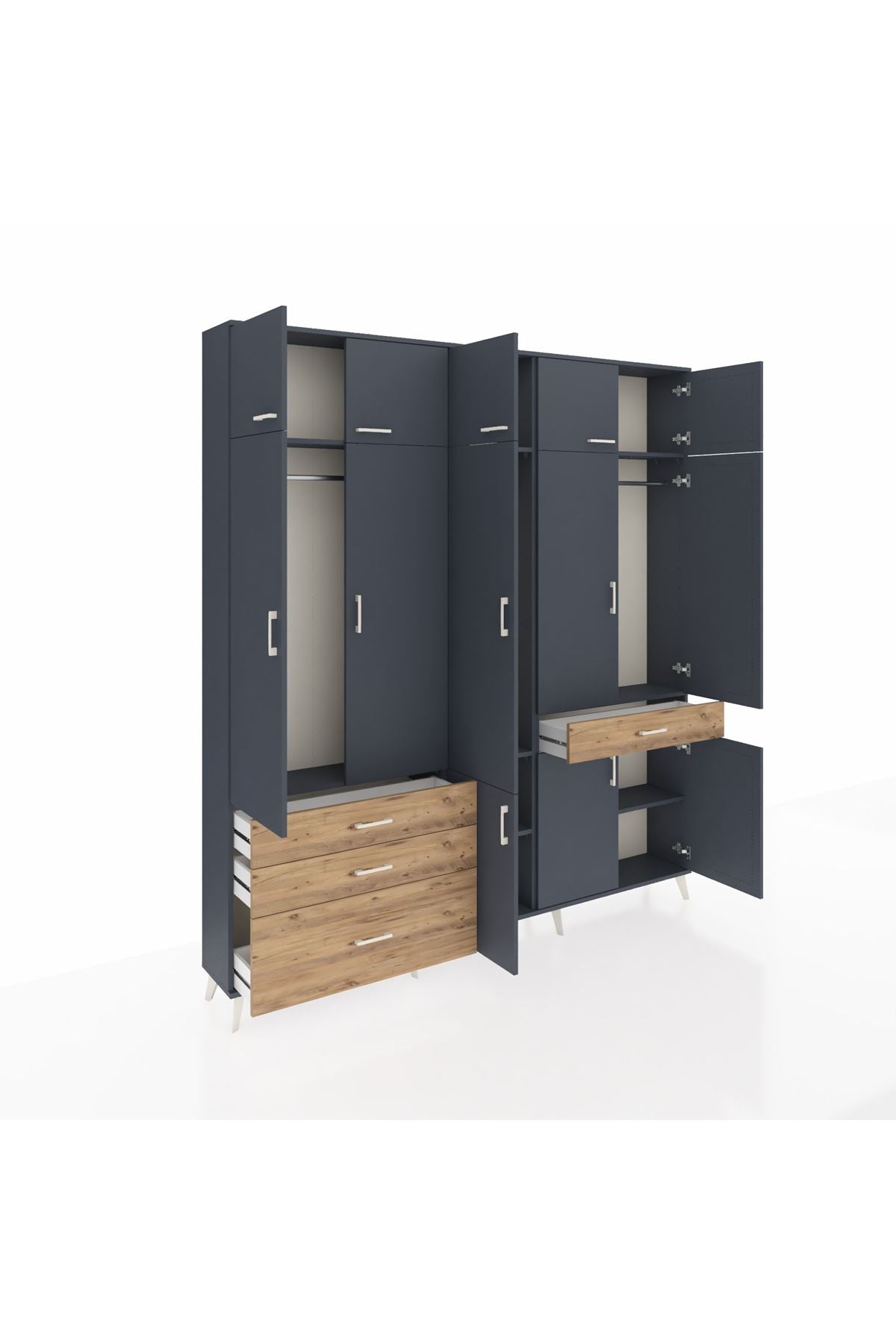 Arges Dolap 8 Raflı 4 Çekmeceli 3 Askılı 220x30x243 Antrasit-Antrasit/Çam