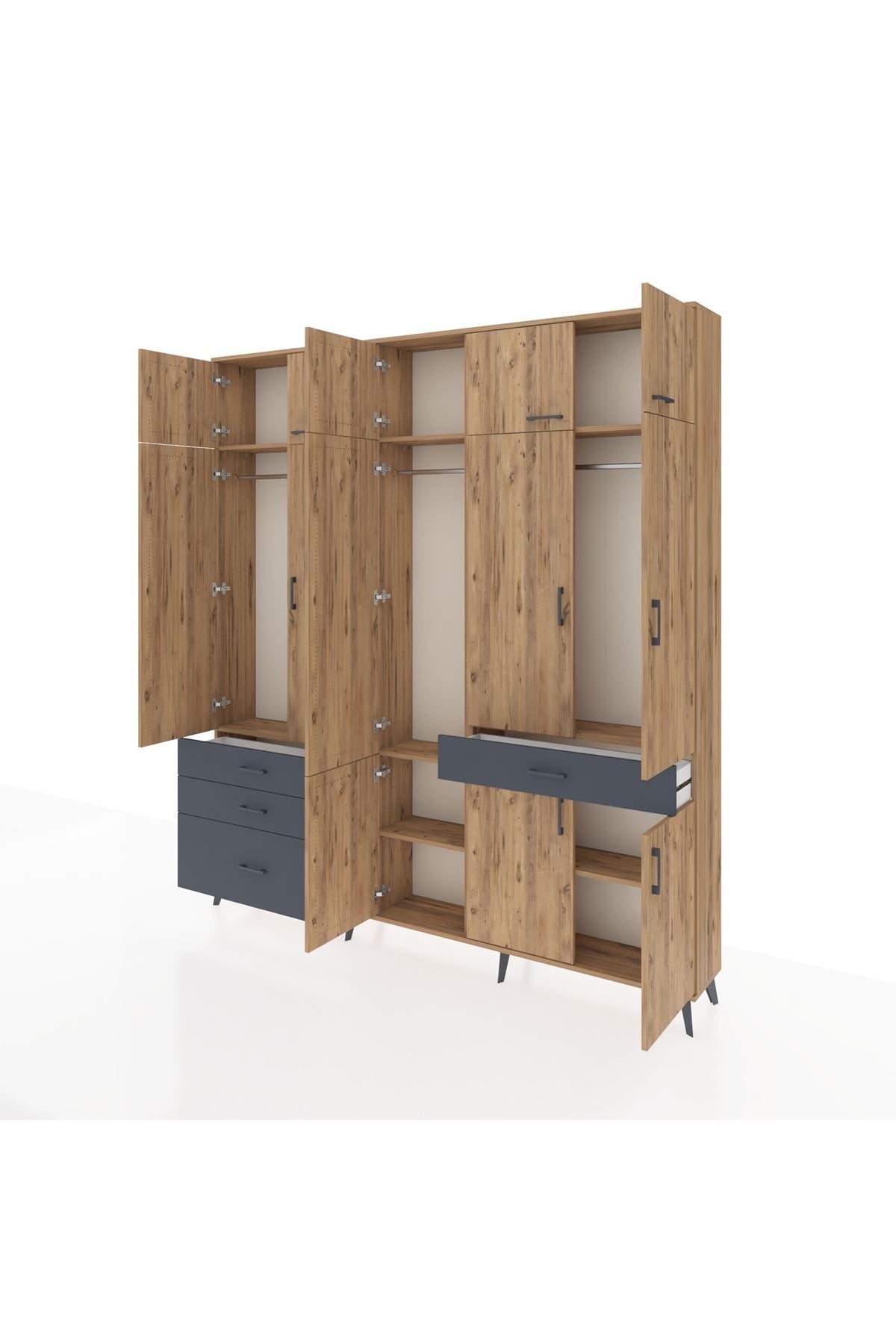 Arges Dolap 8 Raflı 4 Çekmeceli 3 Askılı 220x30x243 Çam-Çam/Antrasit