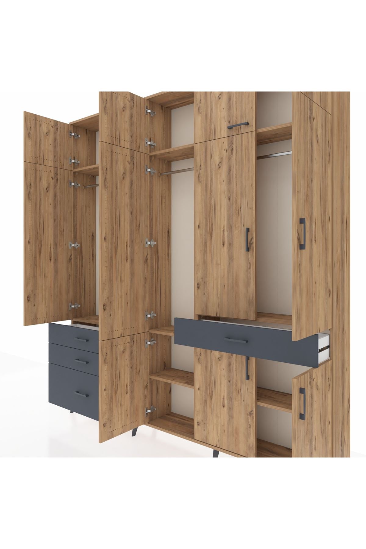 Arges Dolap 8 Raflı 4 Çekmeceli 3 Askılı 220x30x243 Çam-Çam/Antrasit