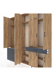 Arges Dolap 8 Raflı 4 Çekmeceli 3 Askılı 220x30x243 Çam-Çam/Antrasit