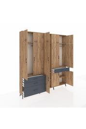 Arges Dolap 8 Raflı 4 Çekmeceli 3 Askılı 220x30x243 Çam-Çam/Antrasit