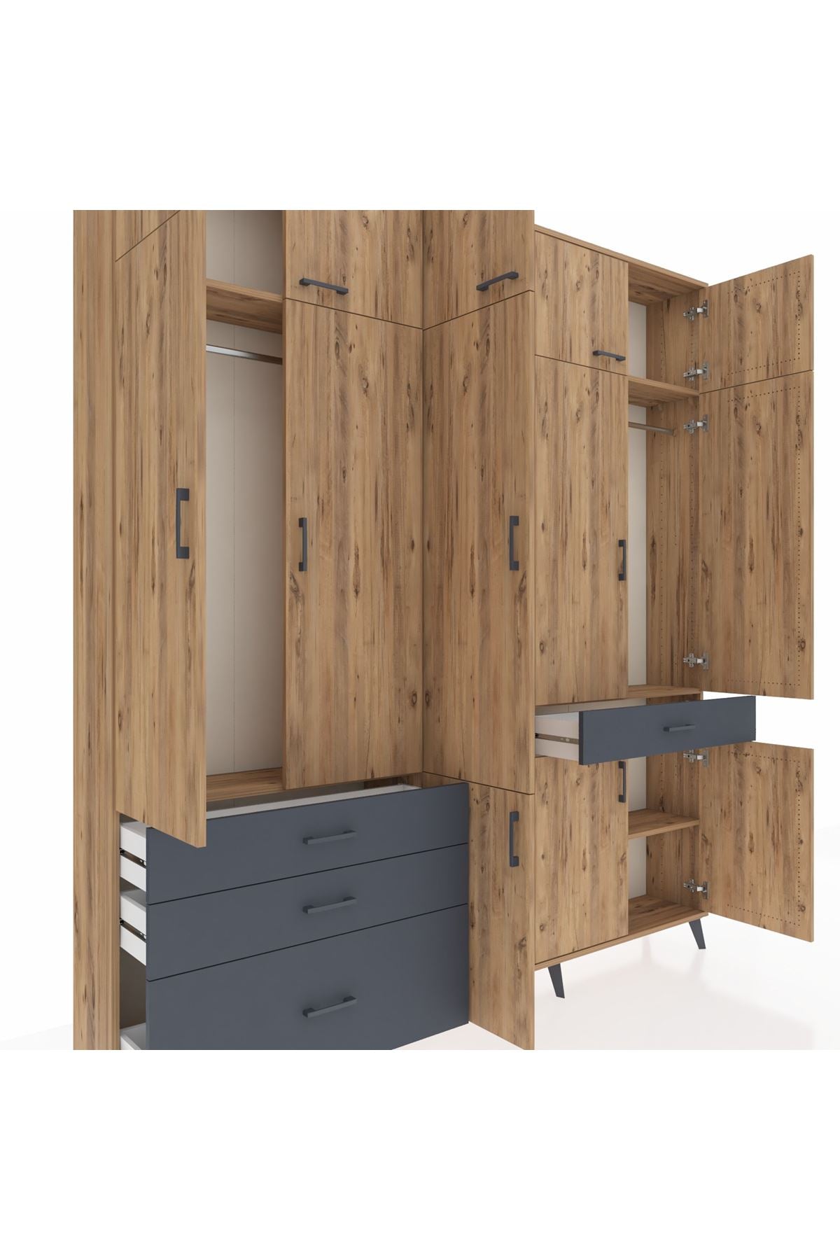 Arges Dolap 8 Raflı 4 Çekmeceli 3 Askılı 220x30x243 Çam-Çam/Antrasit